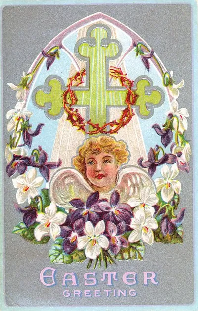 Easter Greeting card with cross, crown of thorns, cherub and violets