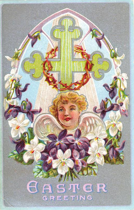 Easter Greeting card with cross, crown of thorns, cherub and violets — historic image