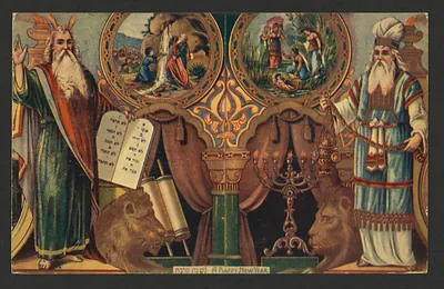 Jewish New Year postcard with Moses, menorah and lions