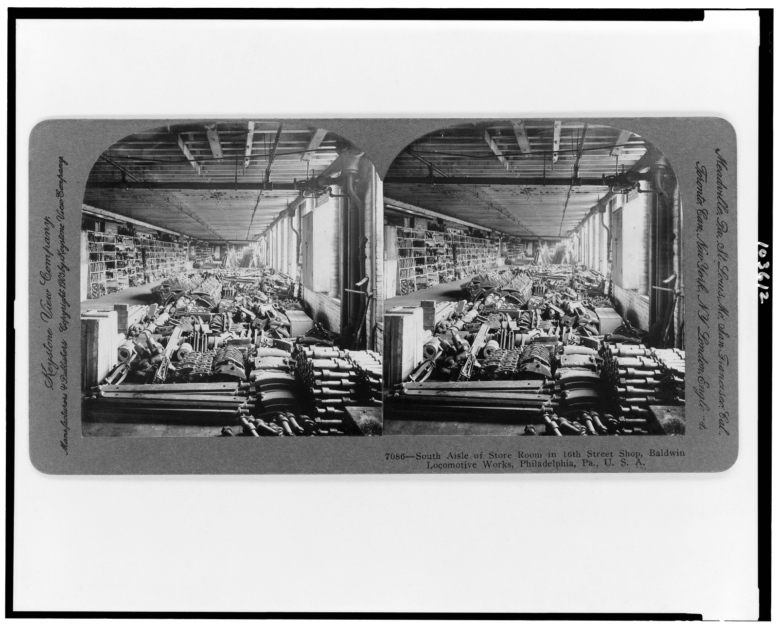 South aisle of store room in 16th Street shop, Baldwin Locomotive Works, Philadelphia, Pa., U.S.A., Meadville, Pa. : Keystone View Co., manufacturers, publishers, c1905. — historic photograph