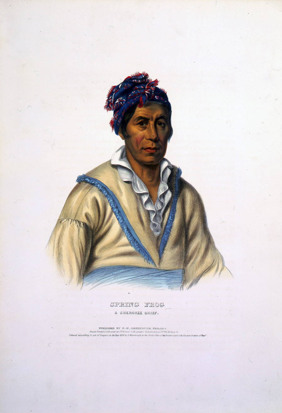 Spring Frog, a Cherokee chief / drawn, printed & coloured at I.T. Bowens Lithographic Establishment., Philada. : published by F.W. Greenough, c1836. — antique lithograph