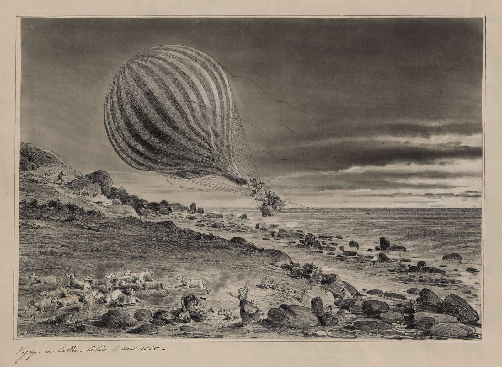Balloon descending on a rocky shore with fleeing sheep — historic image