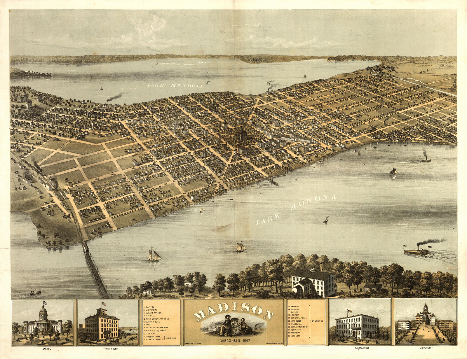 WI Madison 1867 MAP, 1867 — antique map