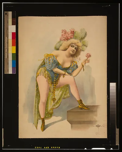 [Woman wearing low cut green, blue, and yellow costume with feathers and roses in her hair]