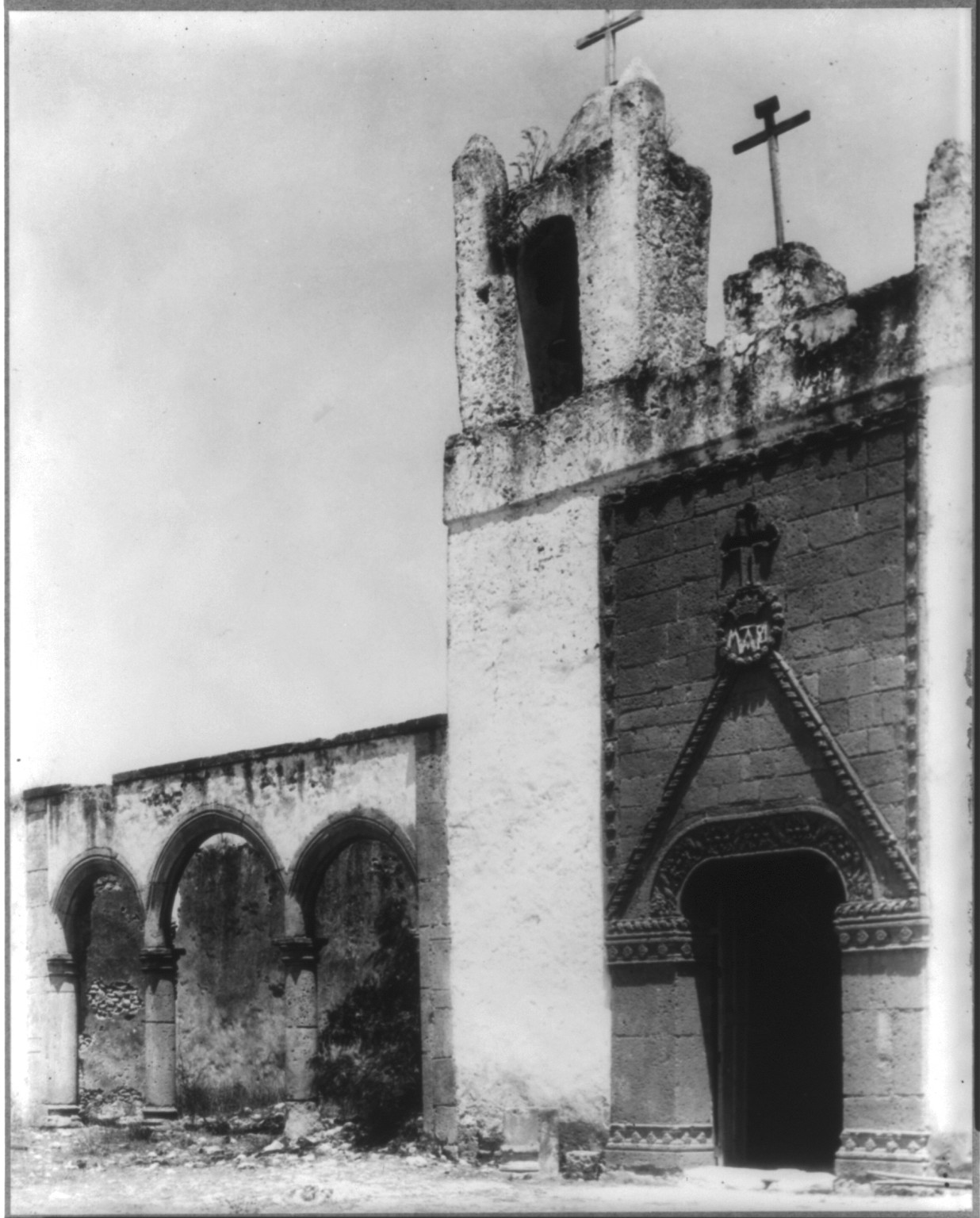 Facade and Capilla Abierto, Iglesia de San Jerónimo, Tlamaco, Mexico, [no date recorded on caption card] — historic photograph