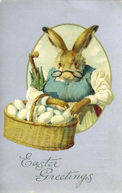 Easter Greetings postcard with rabbit and basket of eggs