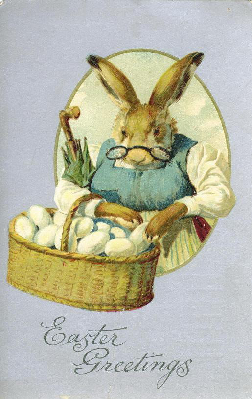 Easter Greetings postcard with rabbit and basket of eggs — vintage postcard