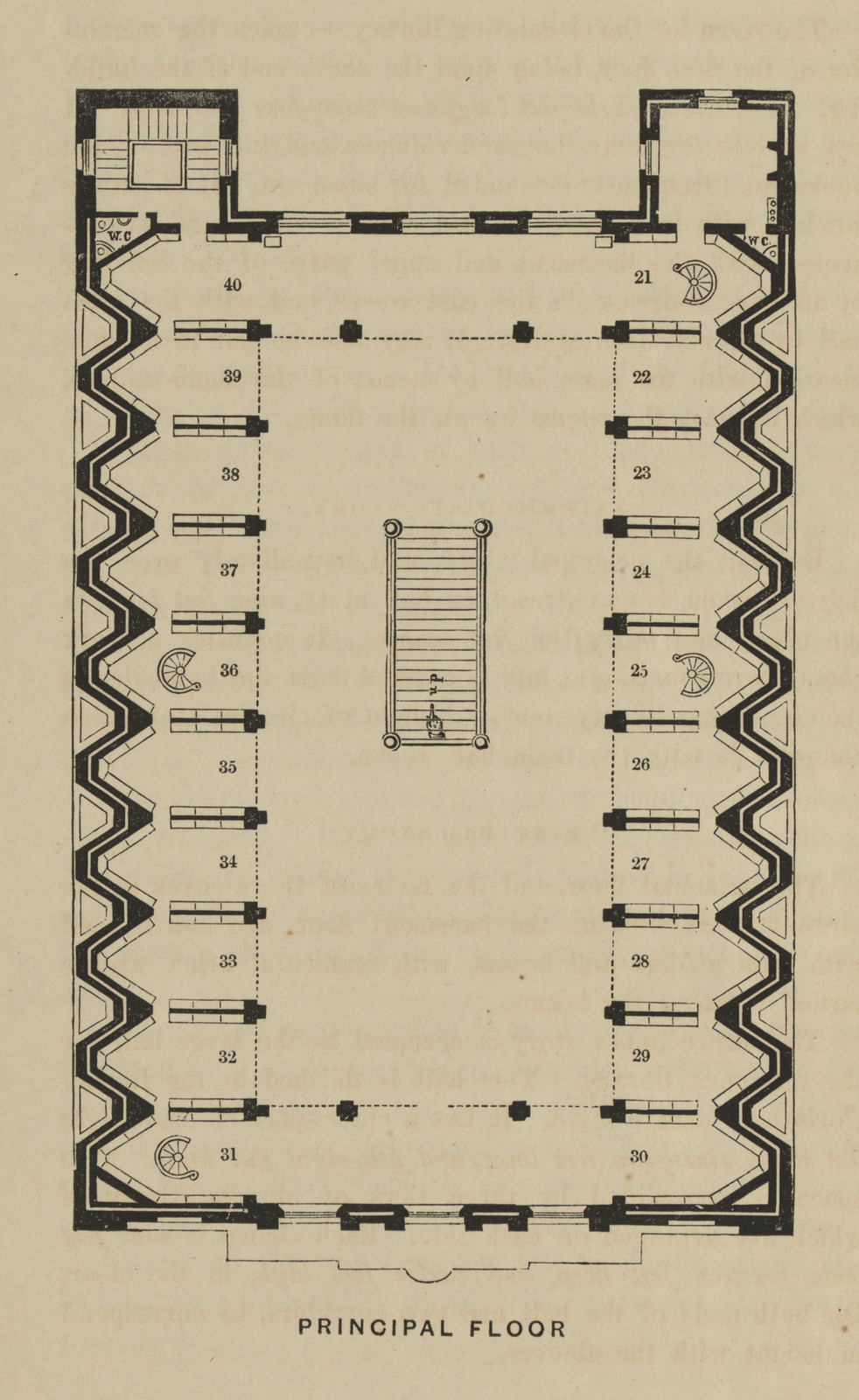 Principal floor plan with numbered rooms and staircase — historic image