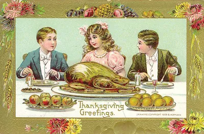 Thanksgiving Greetings postcard with children at a turkey dinner