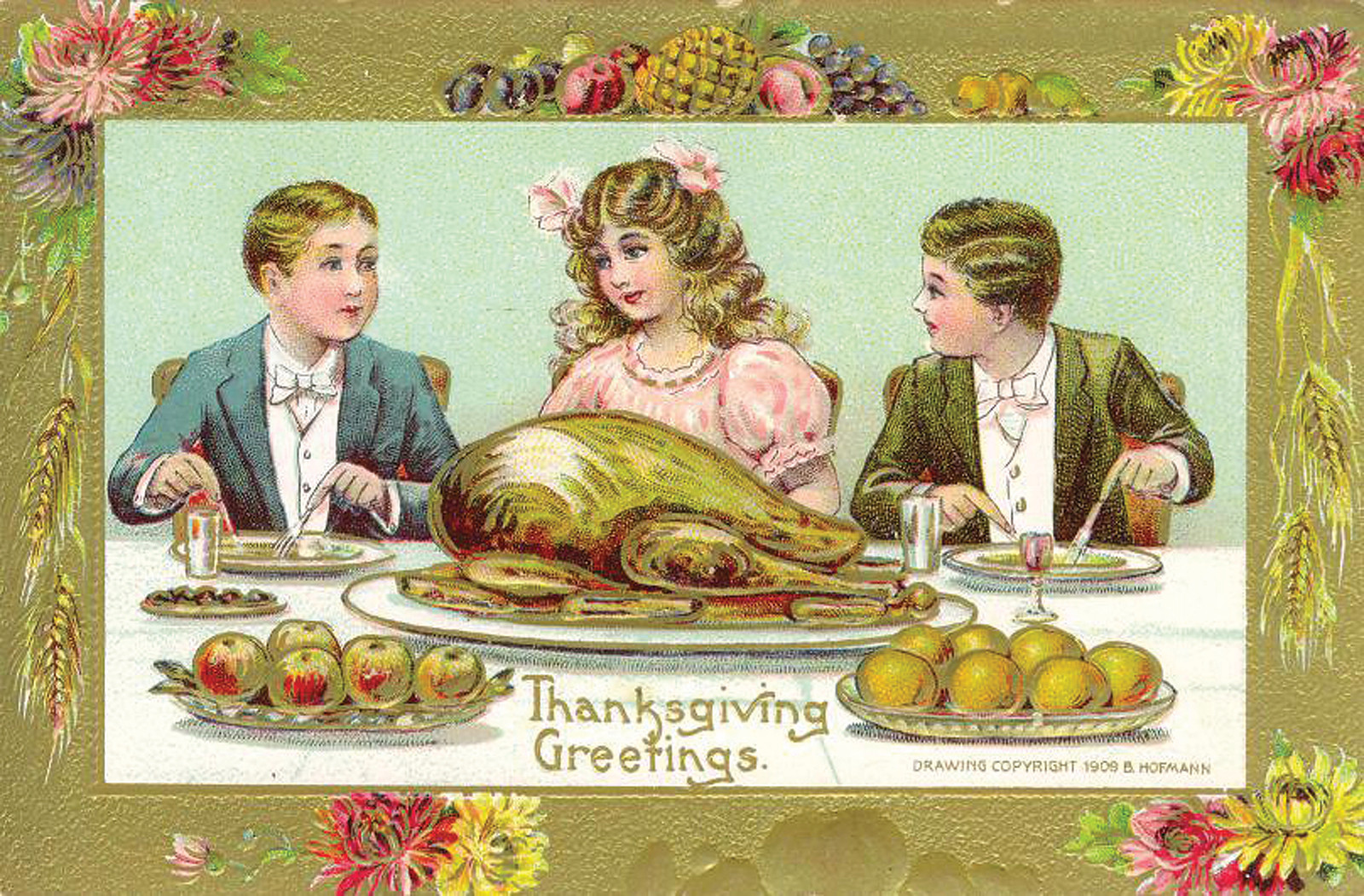 Thanksgiving Greetings postcard with children at a turkey dinner — vintage postcard