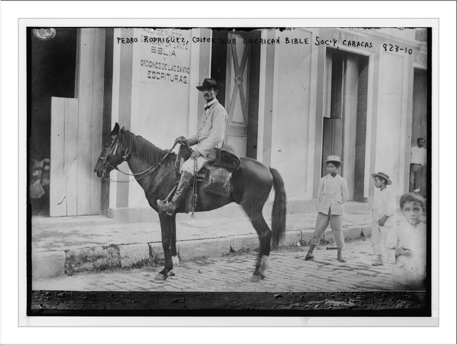 Pedro Rodriquez, on horse, Colporteur of American Bible Society, Caracas, n/a — historic photograph