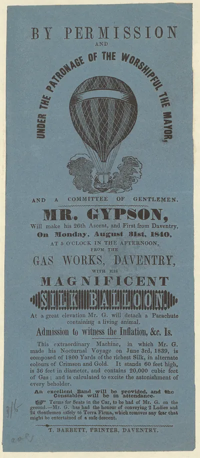 Handbill for Mr. Gypson's silk balloon ascent, Daventry