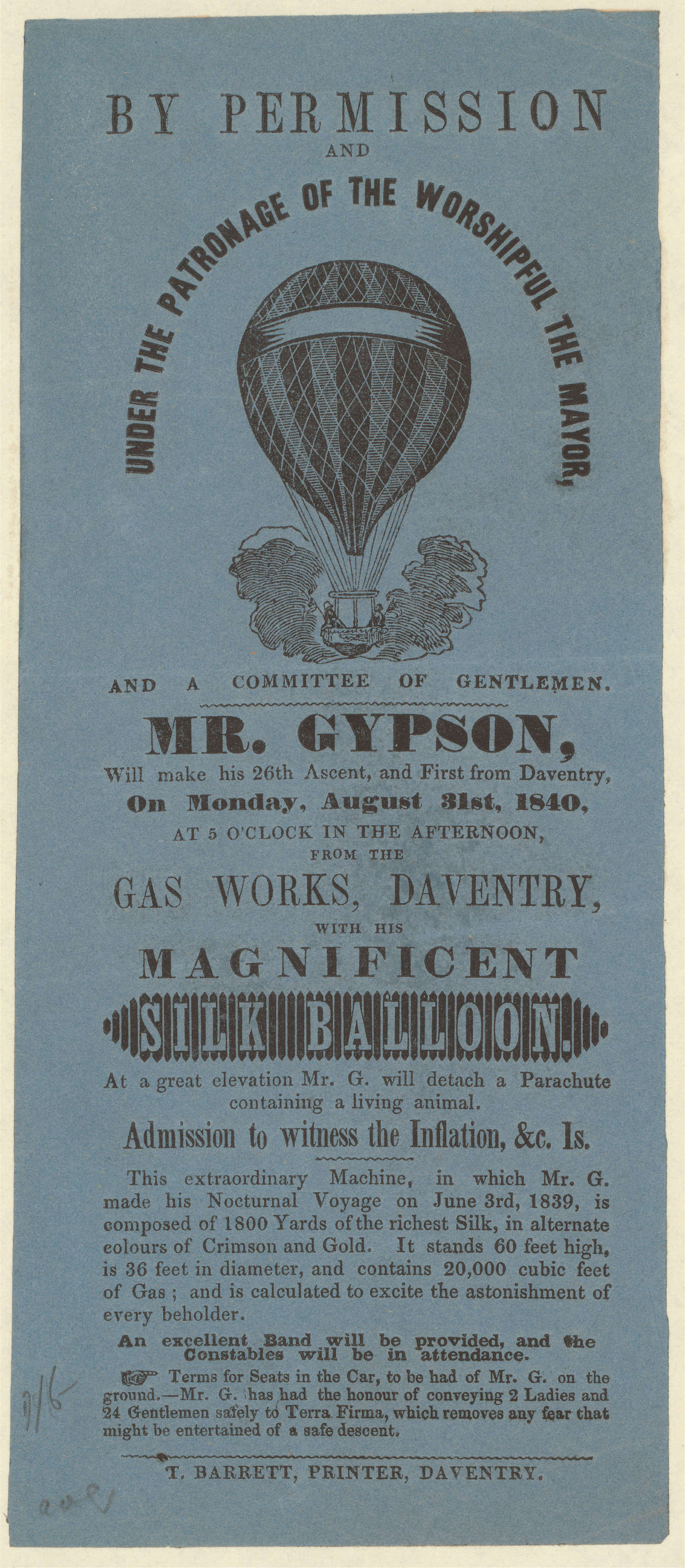 Handbill for Mr. Gypson's silk balloon ascent, Daventry — historic image