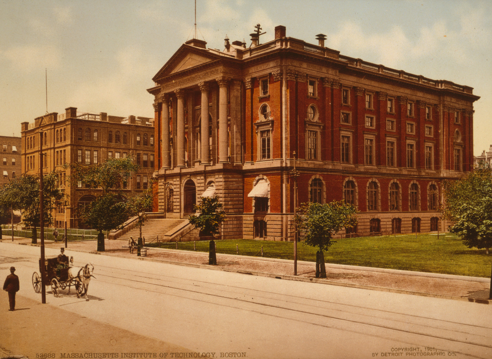 Massachusetts Institute of Technology, Boston, horse-drawn carriage street scene — historic image