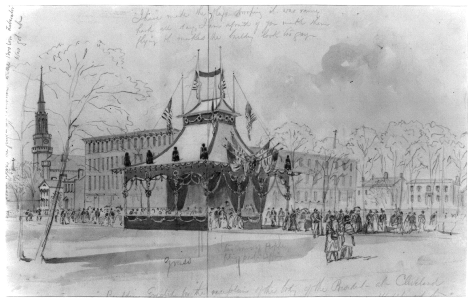 Building Erected for the reception of the body of the President at Cleveland, [1865 April 28] — historic drawing