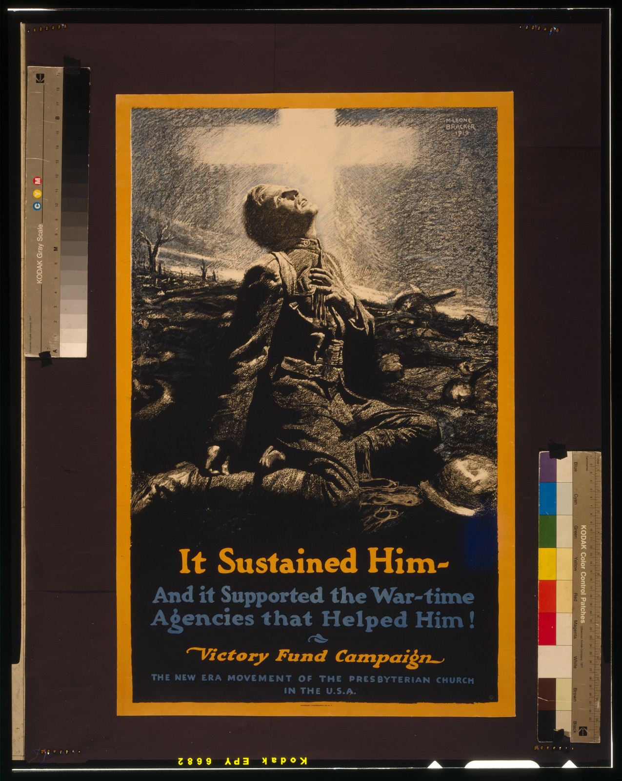 It sustained him--and it supported the war-time agencies that helped him! Victory Fund Campaign--The new era movement of the Presbyterian Church in the U.S.A. / M. Leone Bracker 1919 American Lithographic Co. N.Y., 1919 — vintage poster