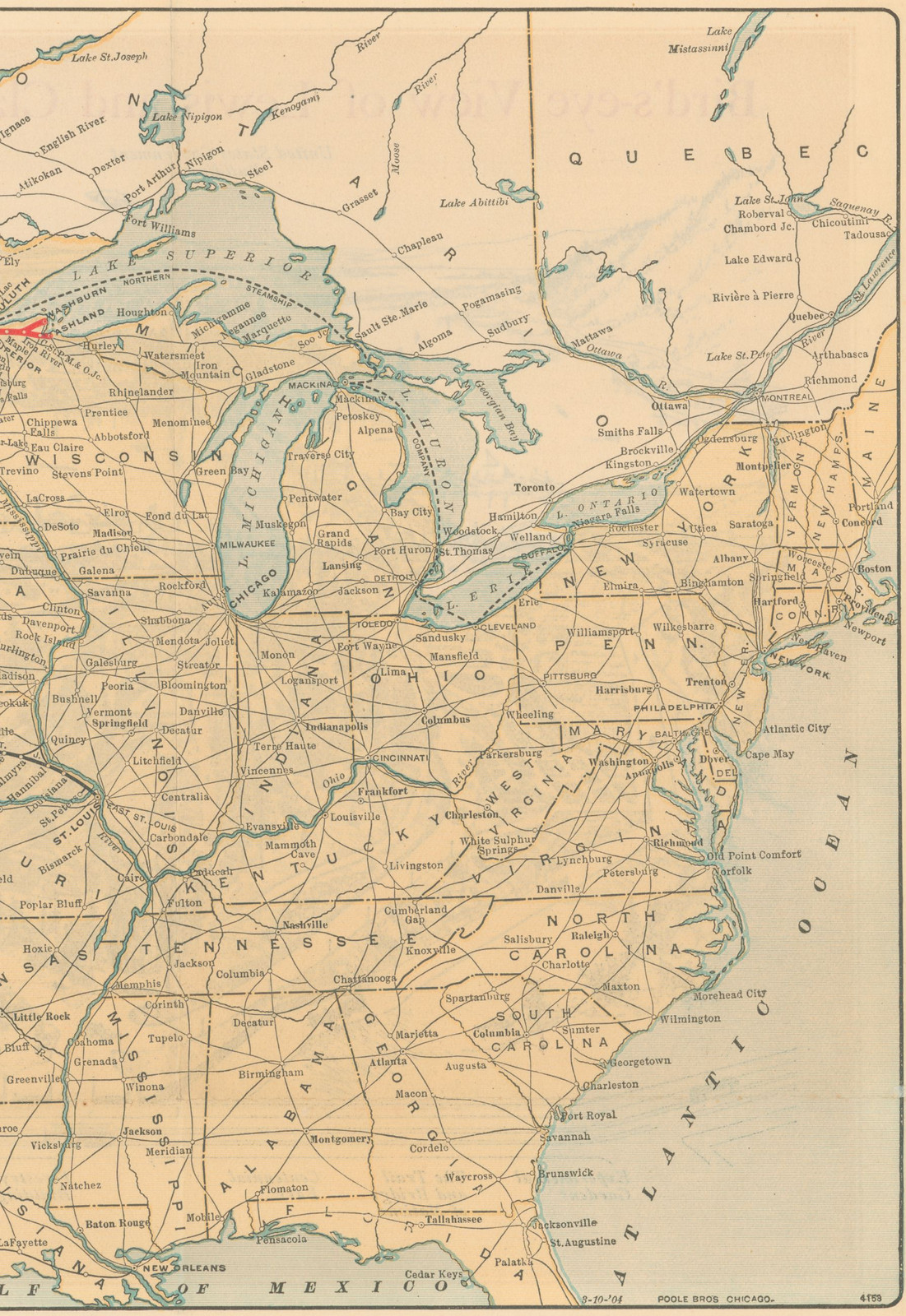 Map of eastern United States and southeastern Canada railways — antique map