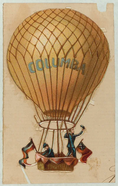 Hot air balloon labelled COLUMBA with two figures