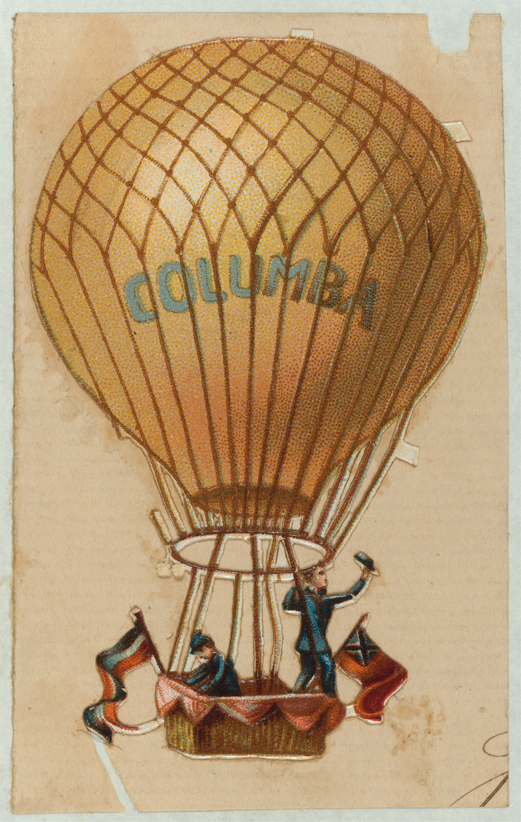 Hot air balloon labelled COLUMBA with two figures — historic image