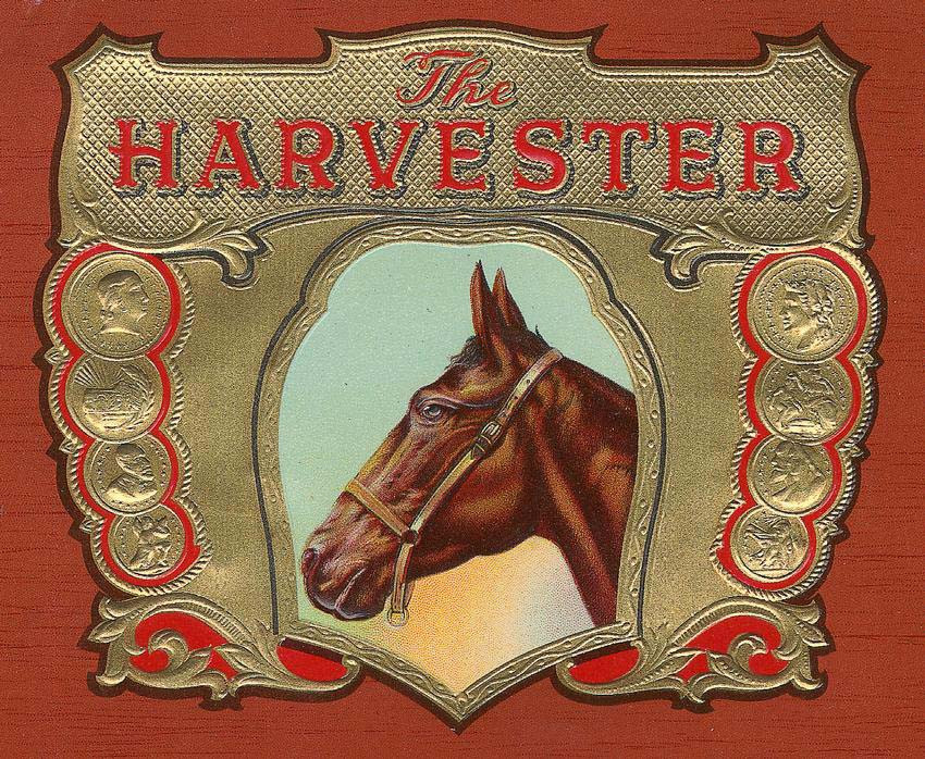 The Harvester cigar label with a horse's head — historic image