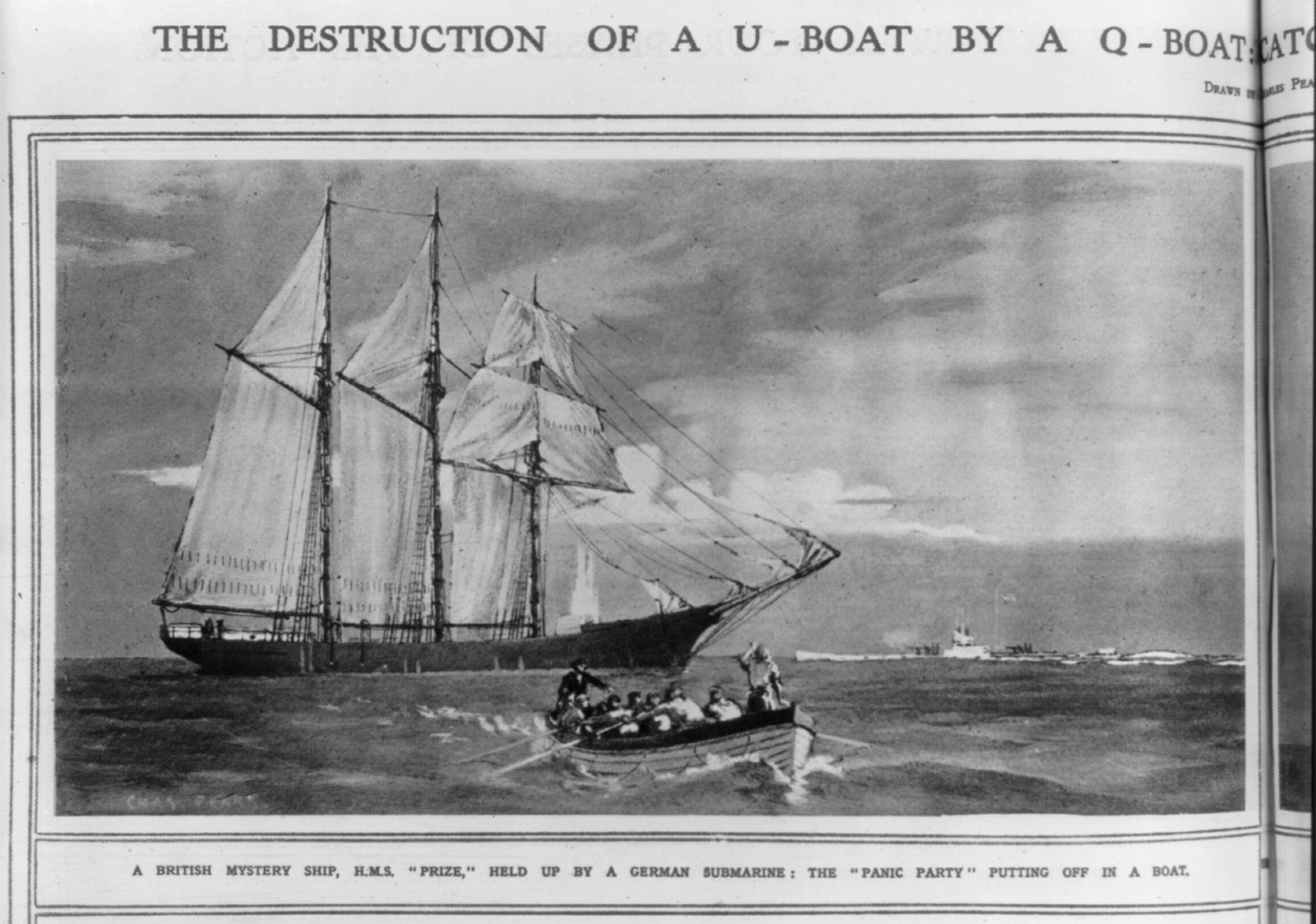 The destruction of a U-boat by a Q-boat. A British mystery ship, H.M.S. PRIZE, held up by a German submarine: the panic party" putting off in a boat", 1918 — historic print