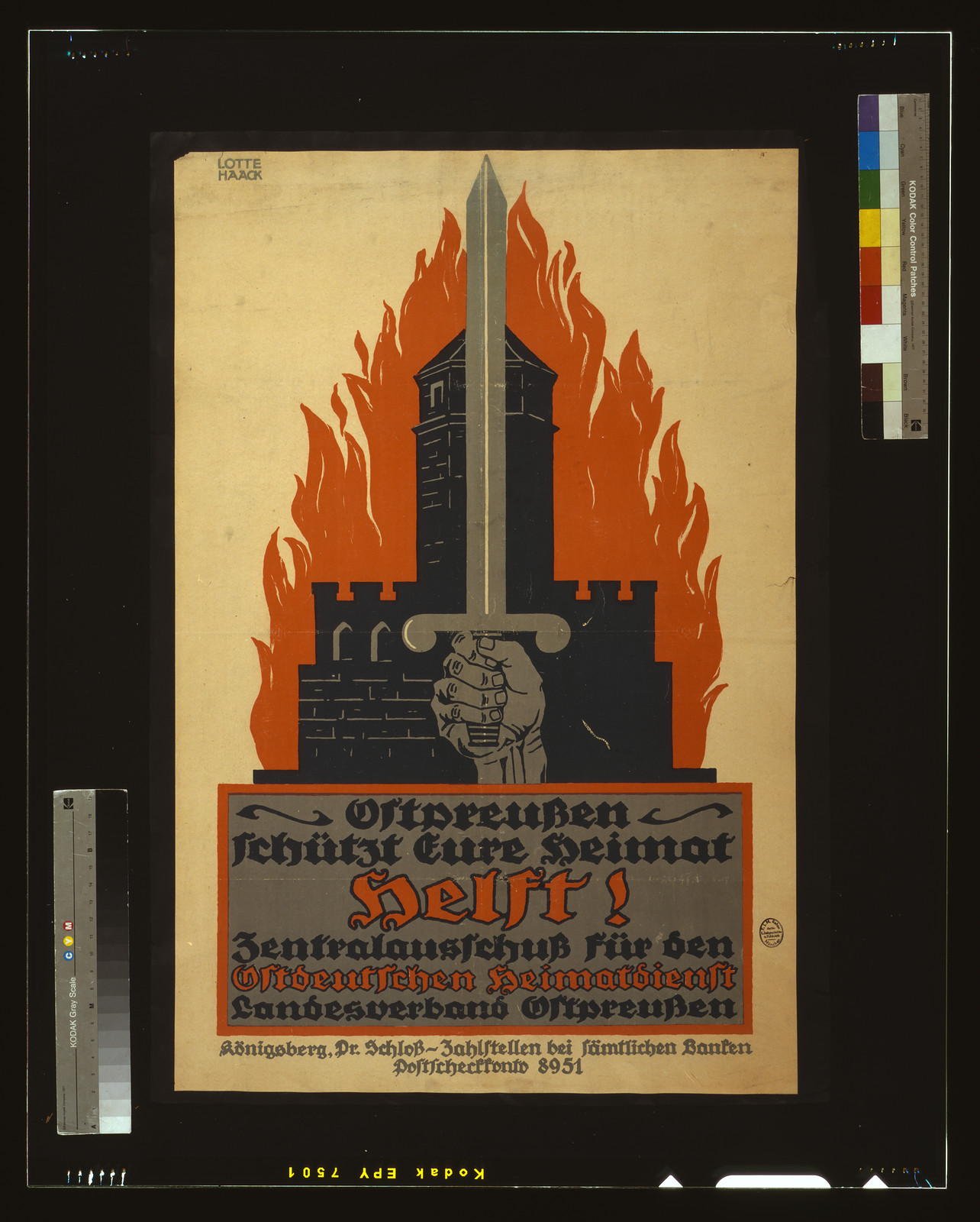 Helft! Ostpreussen schuumltzt eure Heimat. Zentralausschuss fuumlr den Ostdeutschen Heimatdienst Landesverband Ostpreussen / Lotte Haack., 1919 — vintage poster