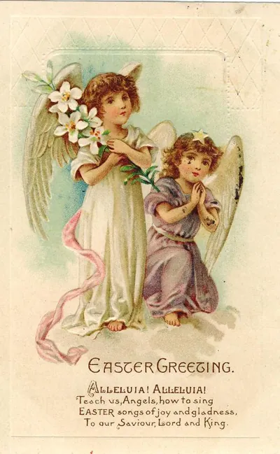 Easter Greeting: two angels with lilies, Alleluia verse