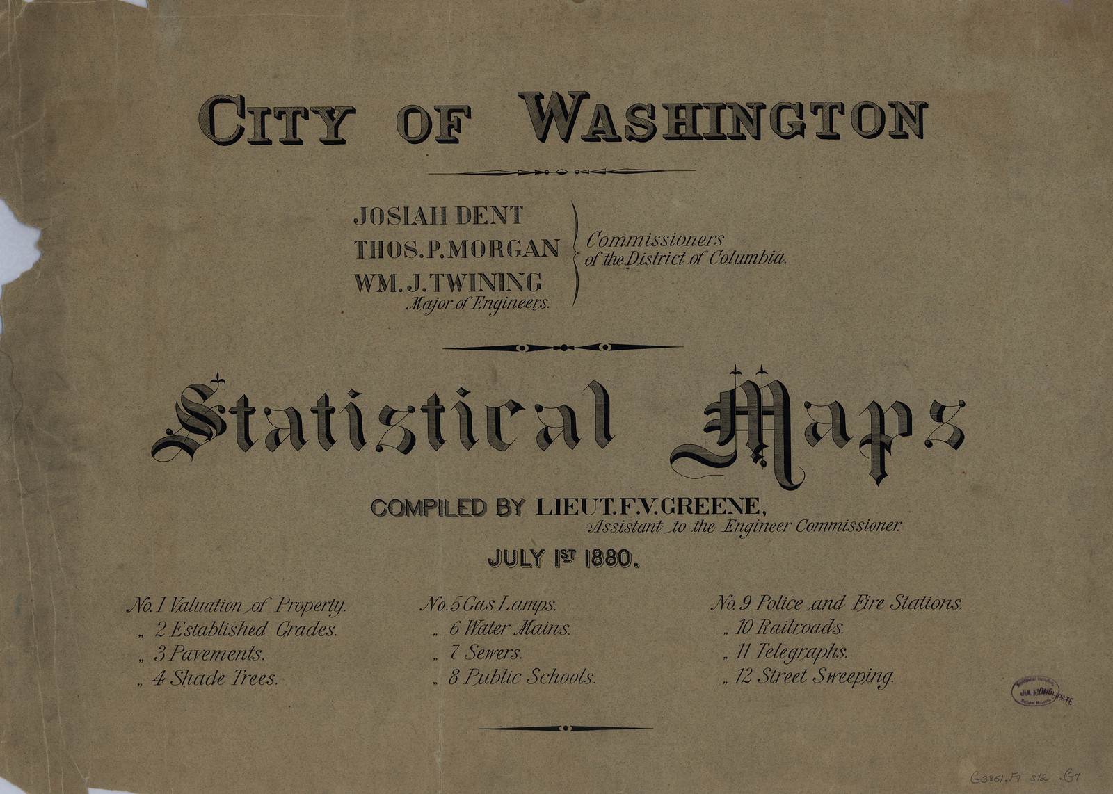 City of Washington Statistical Maps title sheet, July 1880 — antique map
