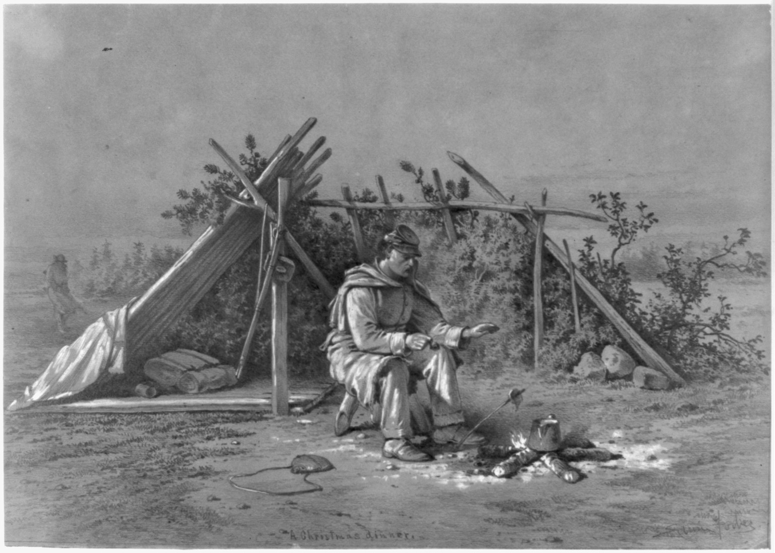 A Christmas dinner. A scene on the outer picket line, [ca. 1876] — historic drawing