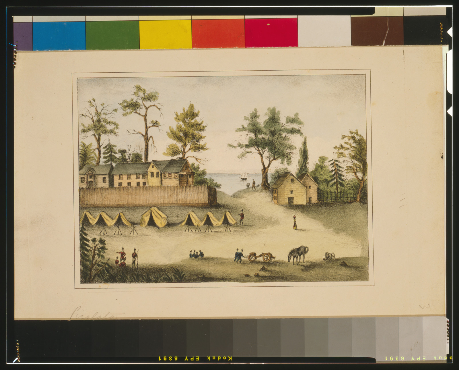 [Soldiers in camp outside the fortified houses, Picolata, Florida], [Charleston, S.C. : T.F. Gray and James, 1837] — antique lithograph