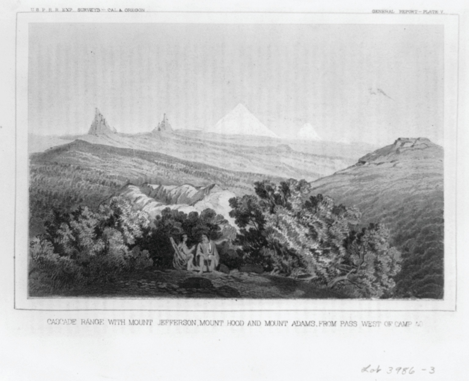 Cascade Range with Mount Jefferson, Mount Hood and Mount Adams, from pass west of Camp 40, [ca. 1855] — antique lithograph