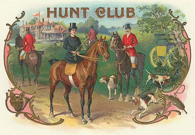 Hunt Club label with riders, hounds and a carriage
