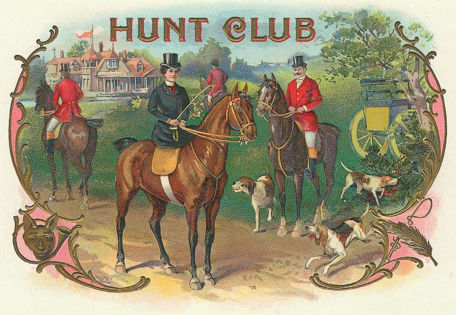 Hunt Club label with riders, hounds and a carriage — historic image