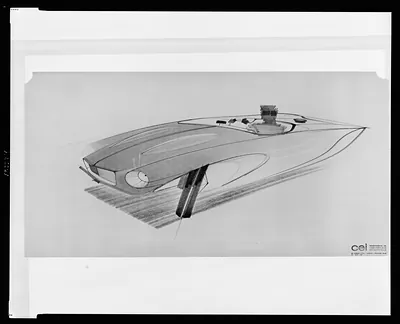 [Design drawing for Avanti automobile, front view from driver's side]