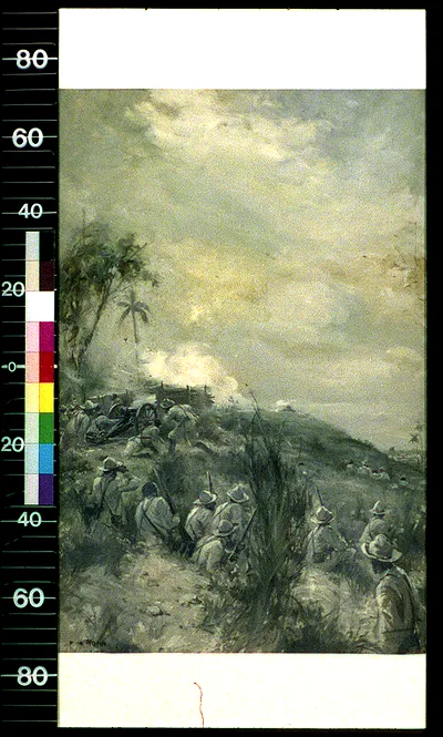 Soldiers advancing up a tropical hillside beside artillery and smoke