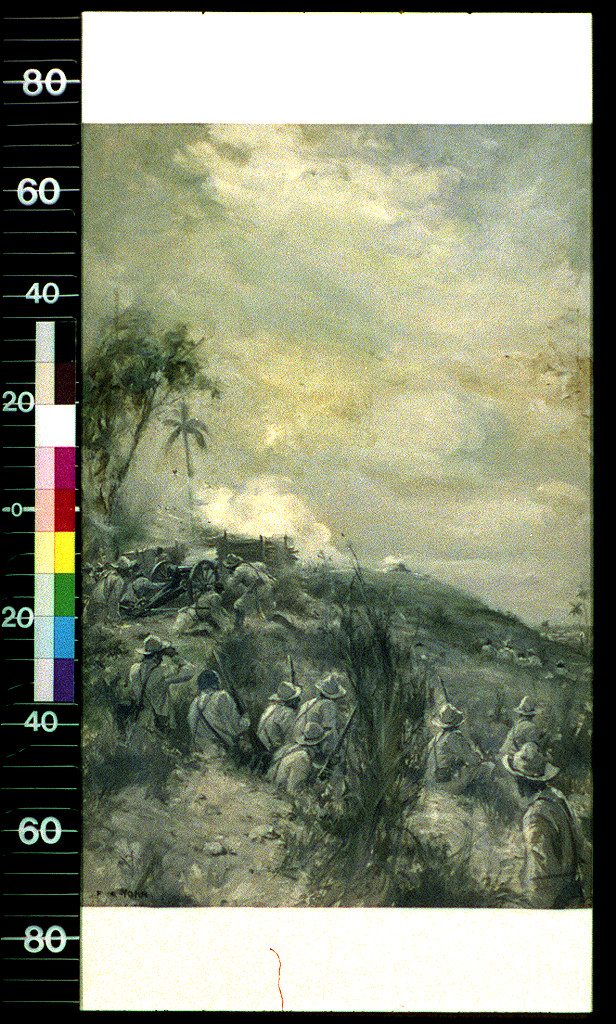Soldiers advancing up a tropical hillside beside artillery and smoke — historic image