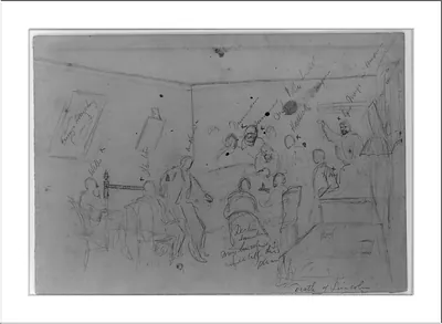 Pencil sketch of a crowded room labeled Death of Lincoln