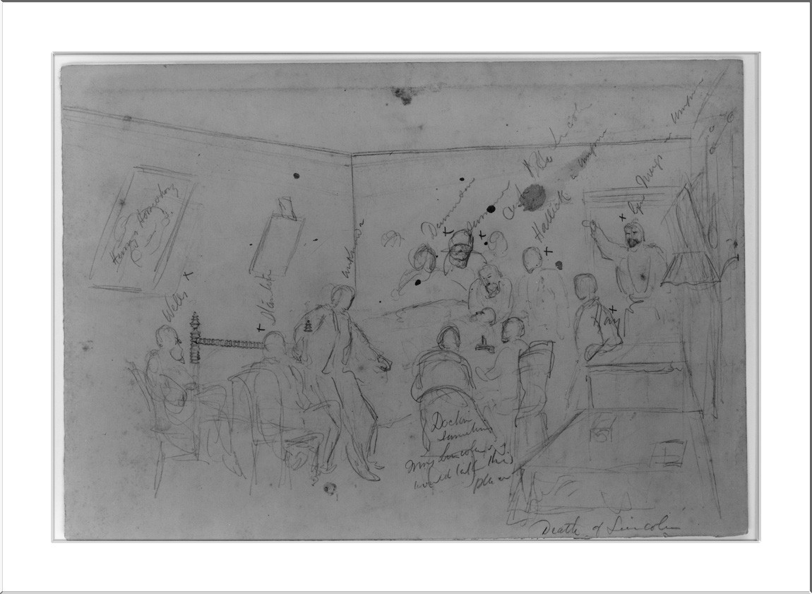 Pencil sketch of a crowded room labeled Death of Lincoln — historic image