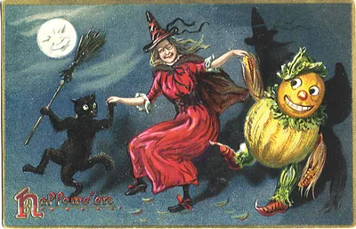 Halloween postcard with witch, black cat and pumpkin man