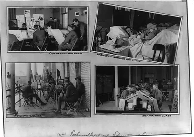 [Occupational therapy classes at the U.S. Army General Hospital No. 28, Fort Sheridan, Ill.: 1. Commercial art class; 2. Basketry - applied art class; 3. Painting class; 4. Sign writing class]