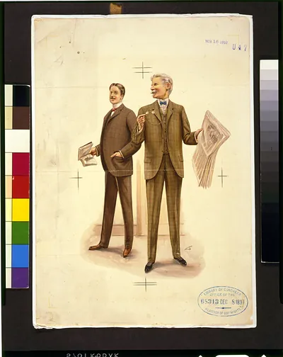 [Two well-dressed men standing, one holding newspaper and eyeglasses, the other holding a book]