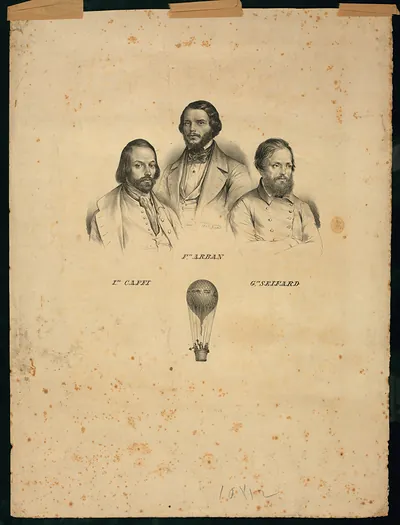 Portraits of three balloonists above a balloon