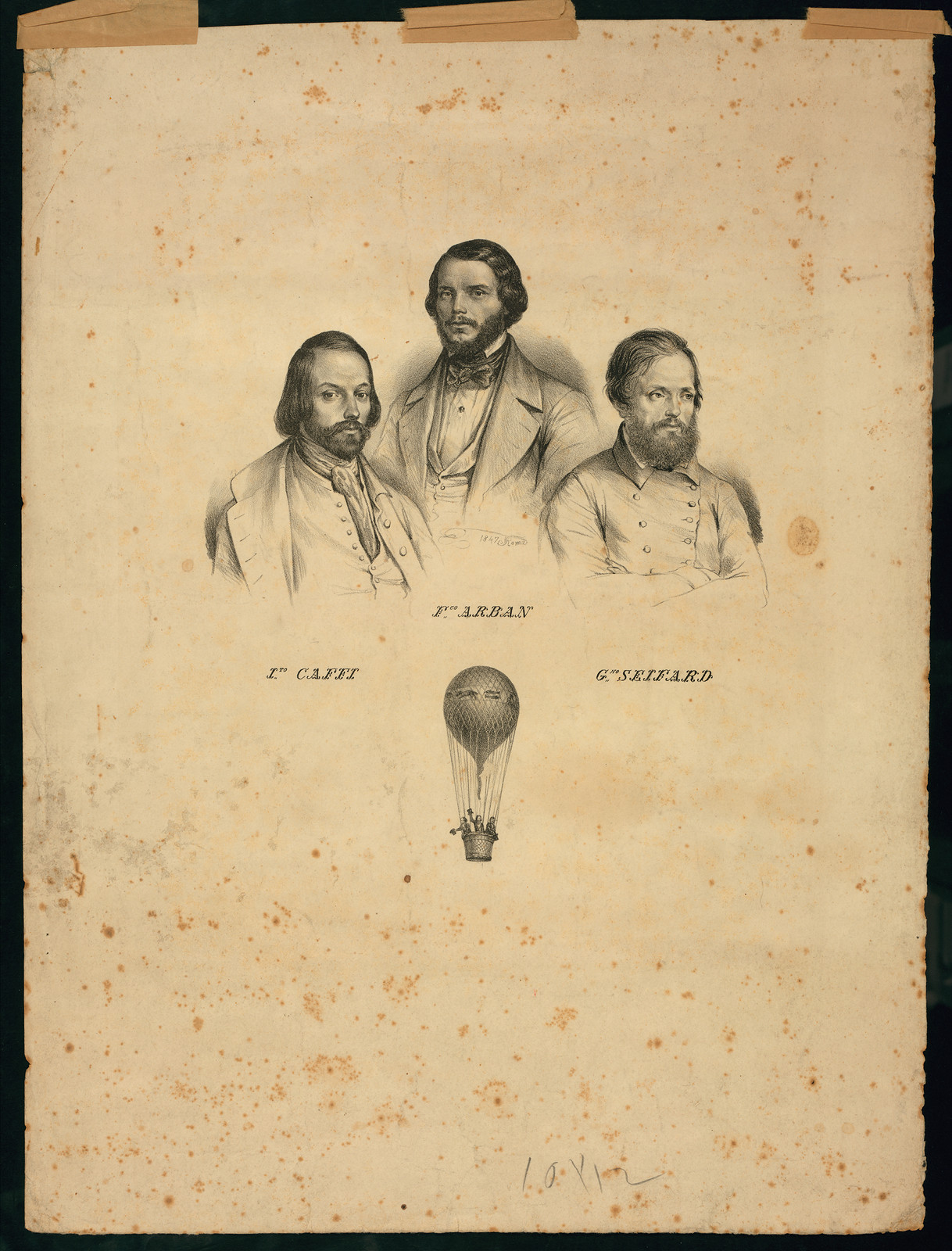 Portraits of three balloonists above a balloon — historic image
