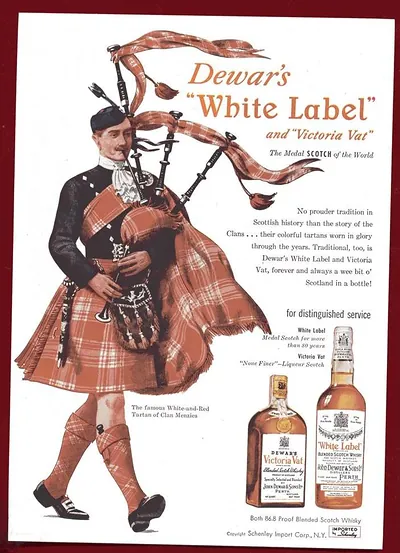 Dewar's White Label and Victoria Vat whisky advertisement with piper