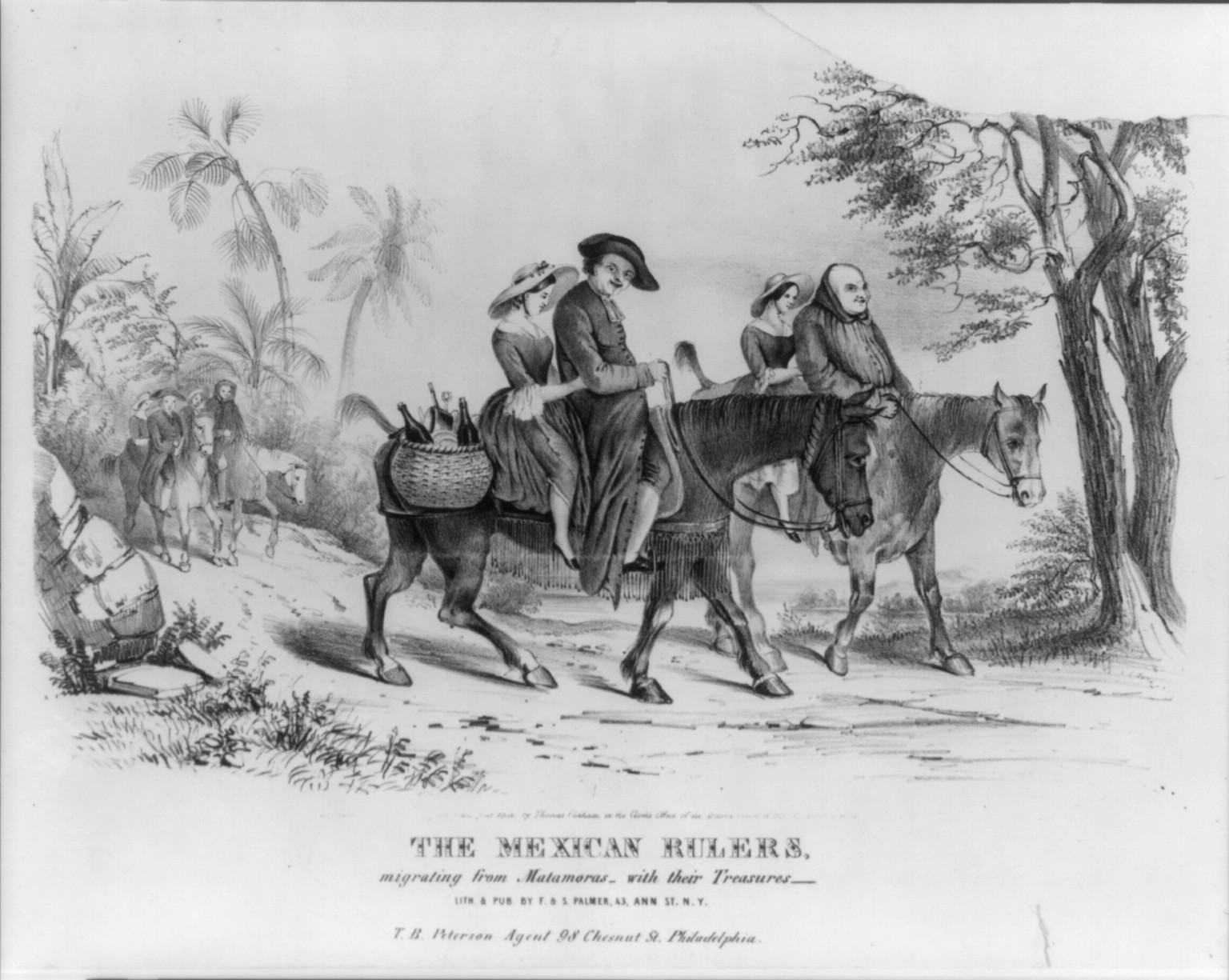 Mexican rulers, migrating from Matamoras with their treasures, [New York] : Lith. & pub. by F. & S. Palmer, 43 Ann St., N.Y., c1846. — antique lithograph