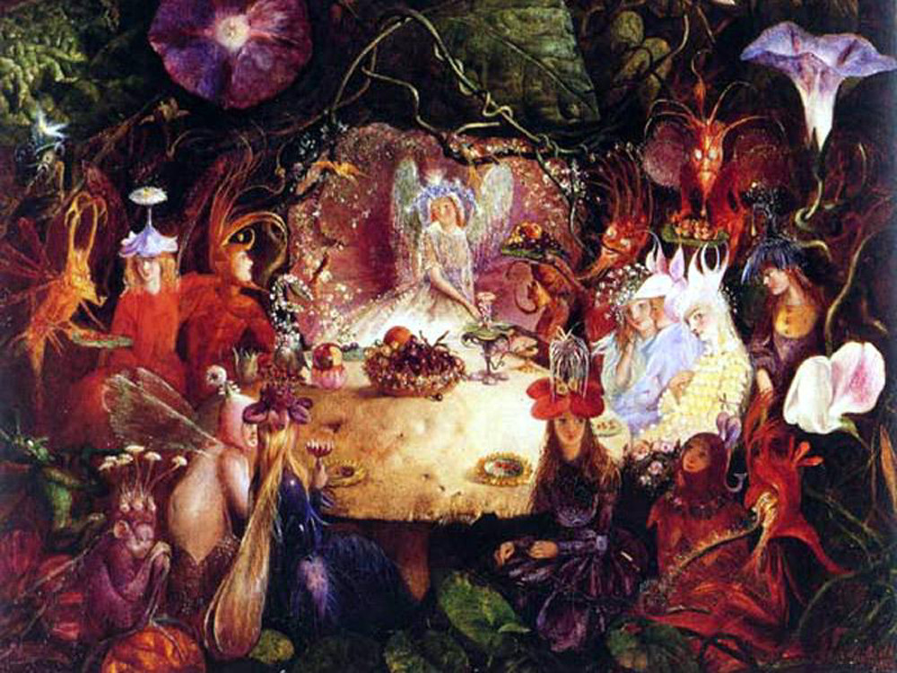 Fairies feasting around a table in a forest — historic image