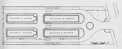 Site plan of market stall buildings, parking areas and roads