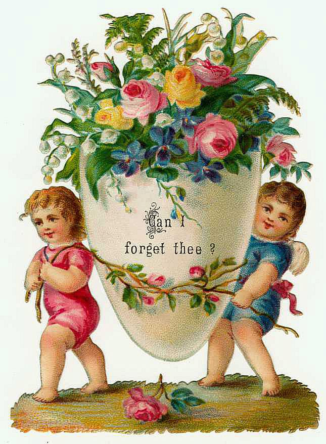 Two children carrying a flower vase, "Can I forget thee? — historic image