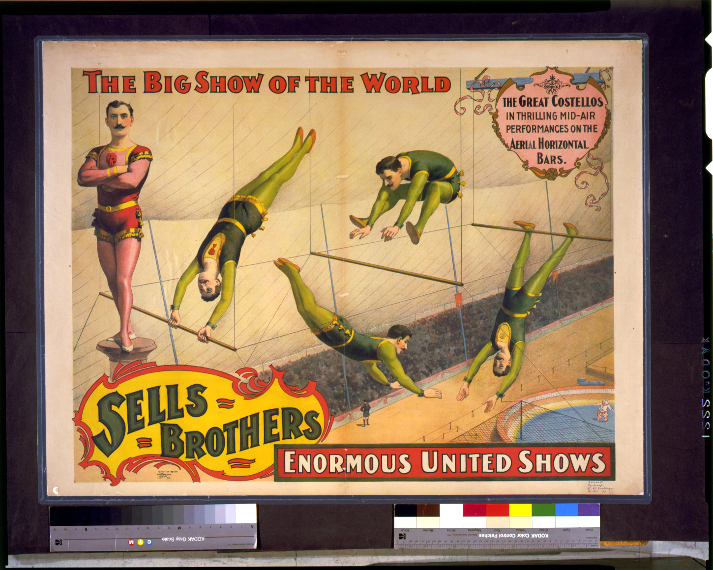 Sells Brothers enormous united shows. ... The great Costellos ... on the aerial horizontal bars, c1895. — vintage poster