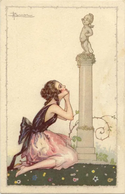 Woman kneeling before a cupid statue on a column